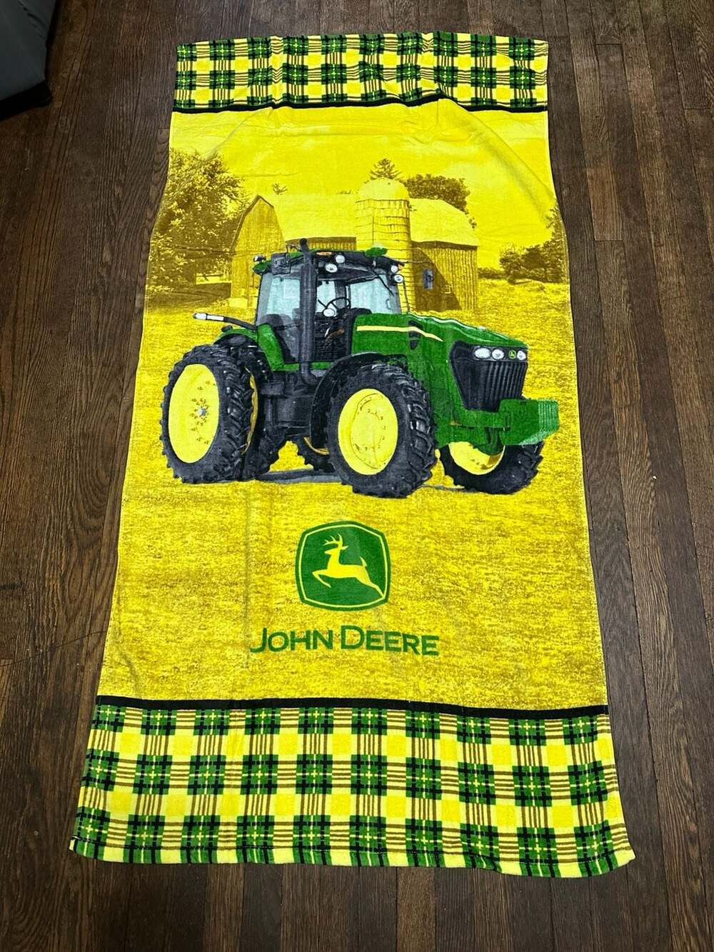 Vintage John Deere Tractor Print 100% Cotton Beach Towel with Plaid Border